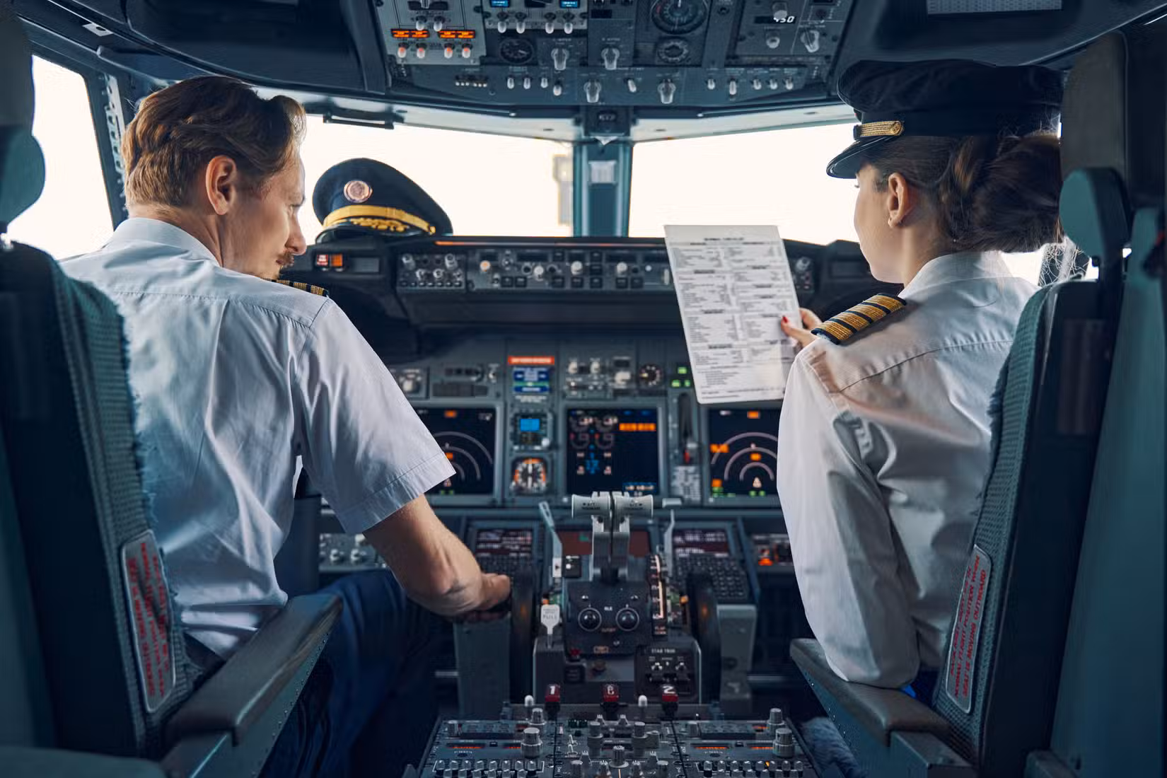 male captain with female first officer reading checklist in flight deck