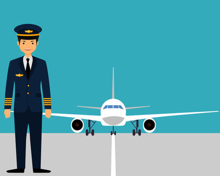 airline pilot with plane in background cartoon graphic
