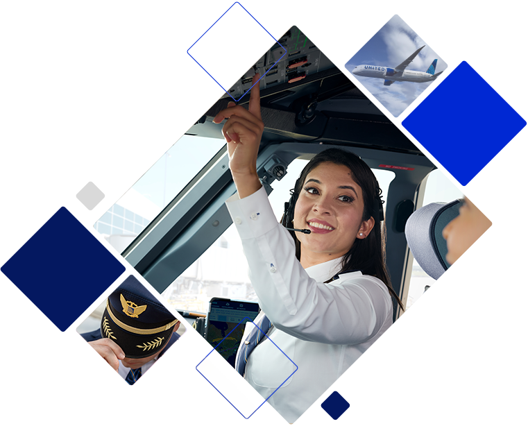 a collage of diamond shaped photos, including a pilot's hat, a female pilot in a cockpit, and an airplane.